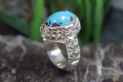 انگشتر نقره دست ساز مردانه با نگین فیروزه نیشابور