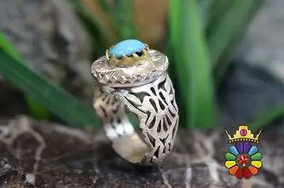 انگشتر نقره دست ساز  مردانه با نگین فیروزه