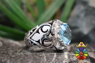 انگشتر نقره مردانه دستساز با نگین بلوتوپاز سوئیس