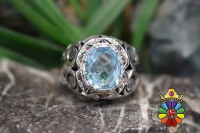 انگشتر نقره مردانه دستساز با نگین بلوتوپاز سوئیس