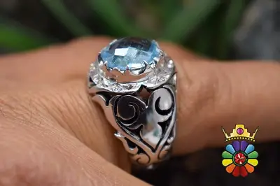 انگشتر نقره مردانه دستساز با نگین بلوتوپاز سوئیس