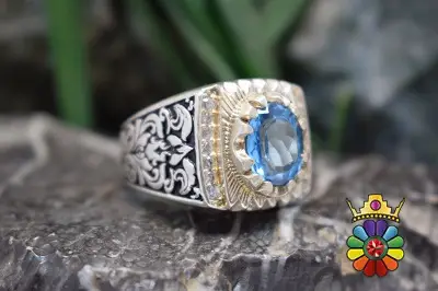 انگشتر نقره مردانه دستساز با نگین بلوتوپاز سوئیس